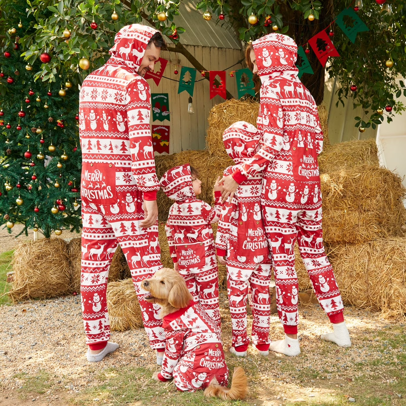 Christmas Family Matching Allover Red Print Long-Sleeve Hooded Zipper Bodysuits Pajamas Sets (Flame Resistant)